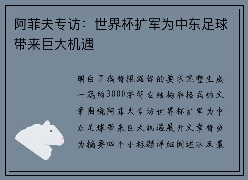 阿菲夫专访:世界杯扩军为中东足球带来巨大机遇 阿菲夫专访:世界杯扩军为中东足球带来巨大机遇